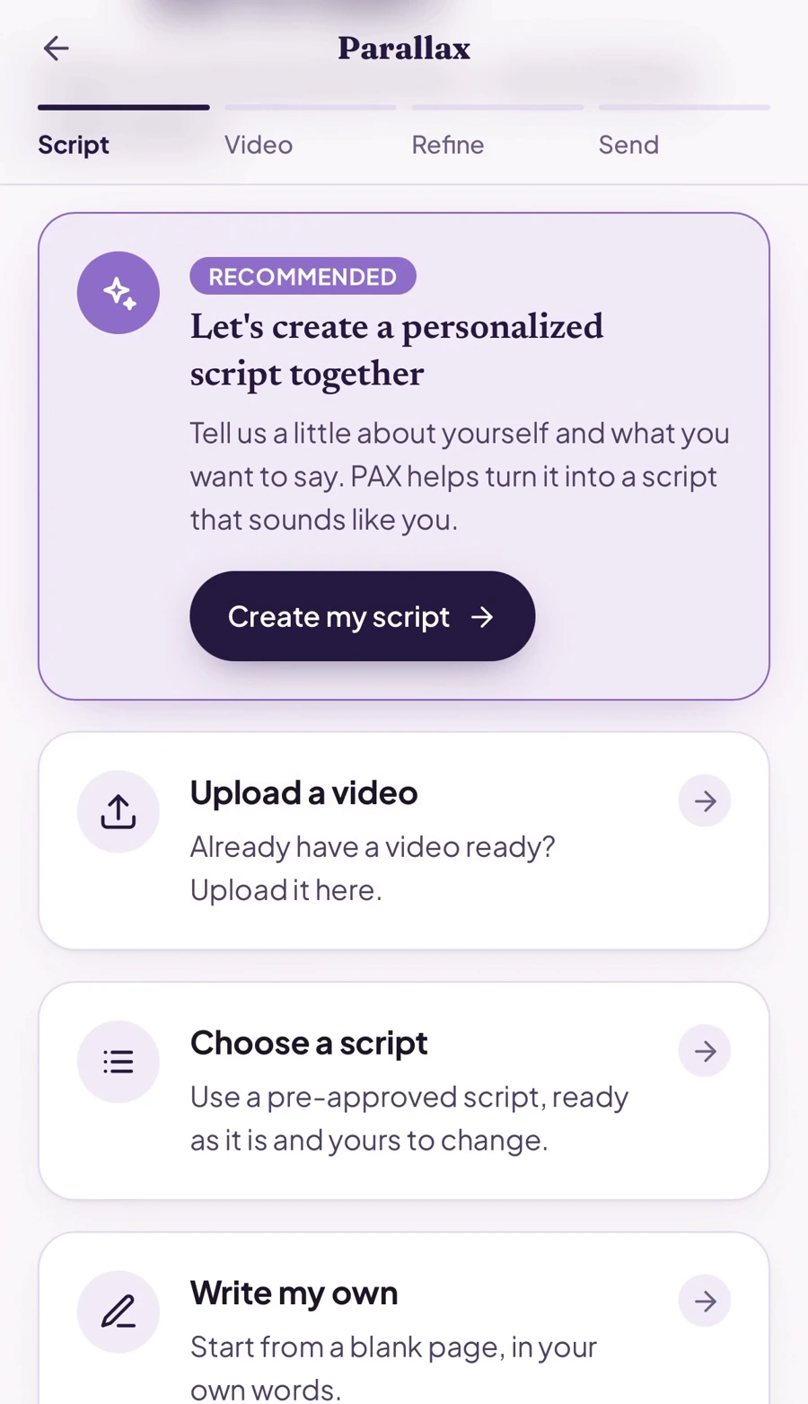 Product preview: the four starting options in the Partner Portal, with “Let’s create a personalized script together” recommended at the top.